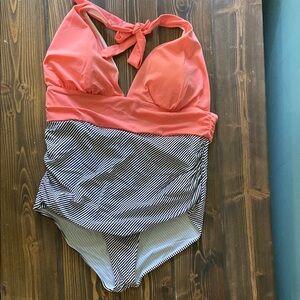 Coral and Striped One-Piece Swimsuit